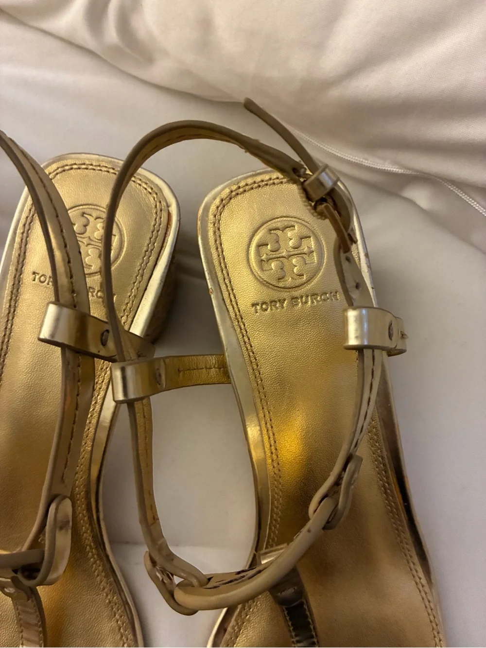 Tory Burch Metallic Gold Woven Block Wedge Sandals